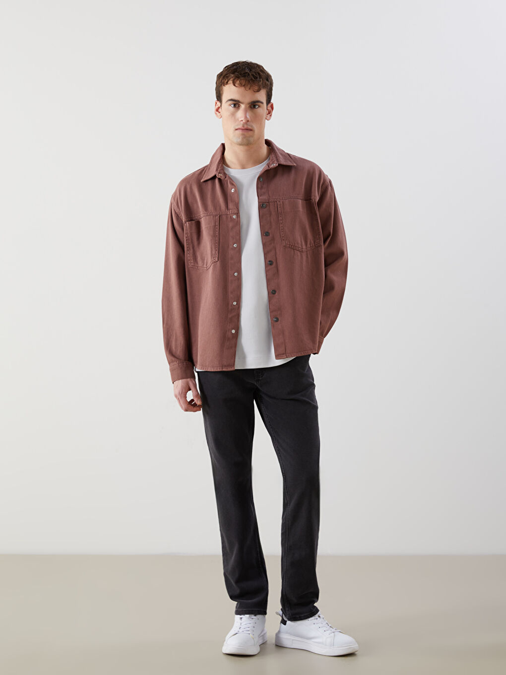 Kahverengi Rahat Kalıp Uzun Kollu Erkek Gömlek Ceket-1