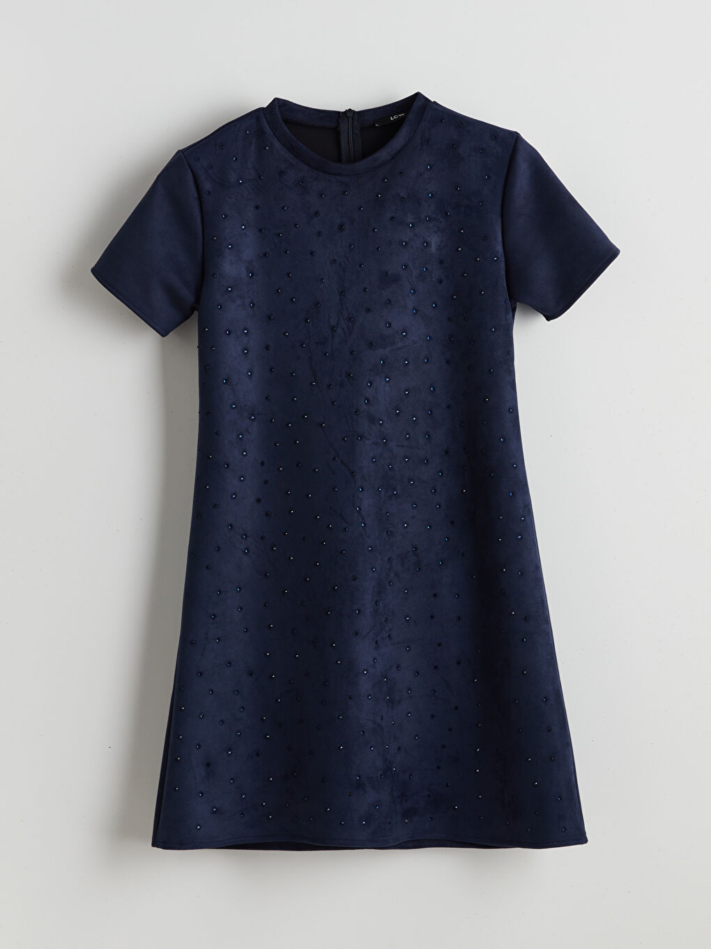 Lacivert Bisiklet Yaka Taşlı Elbise-4