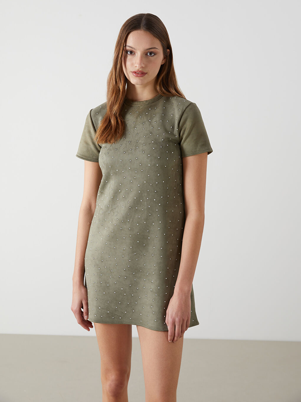 Haki Bisiklet Yaka Taşlı Elbise-1