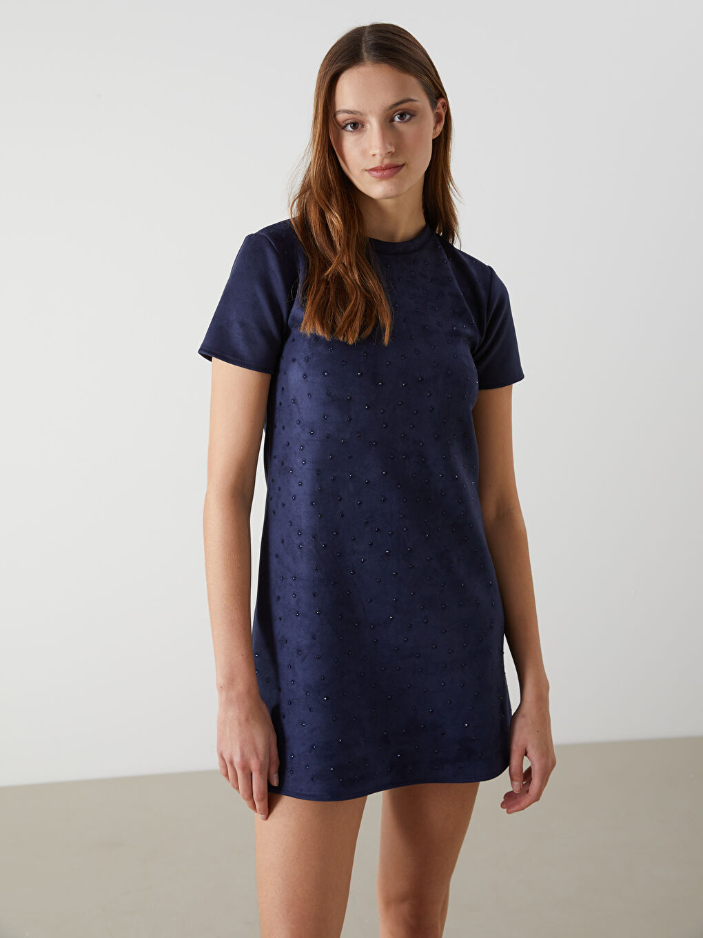 Lacivert Bisiklet Yaka Taşlı Elbise-1