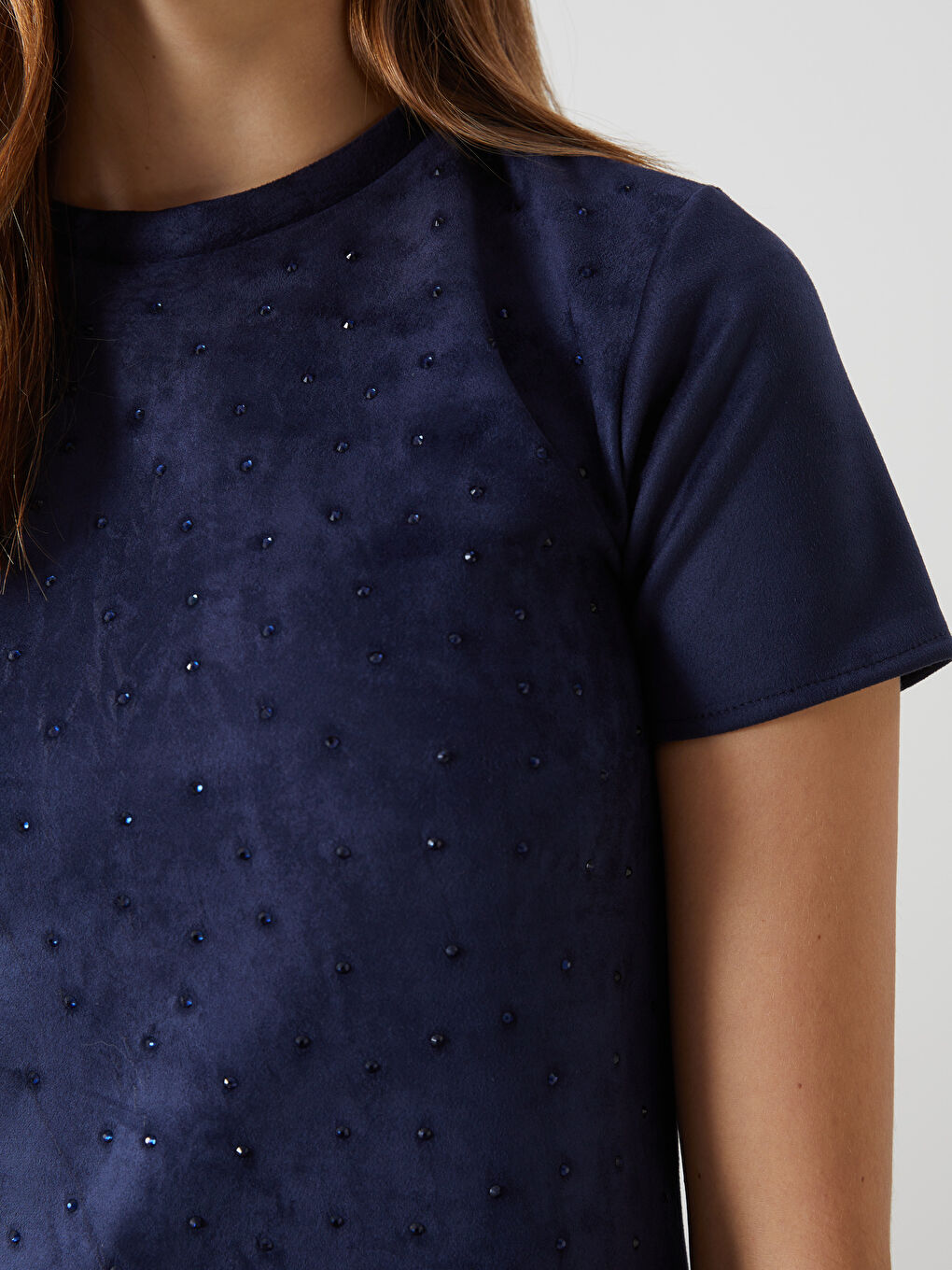 Lacivert Bisiklet Yaka Taşlı Elbise-2