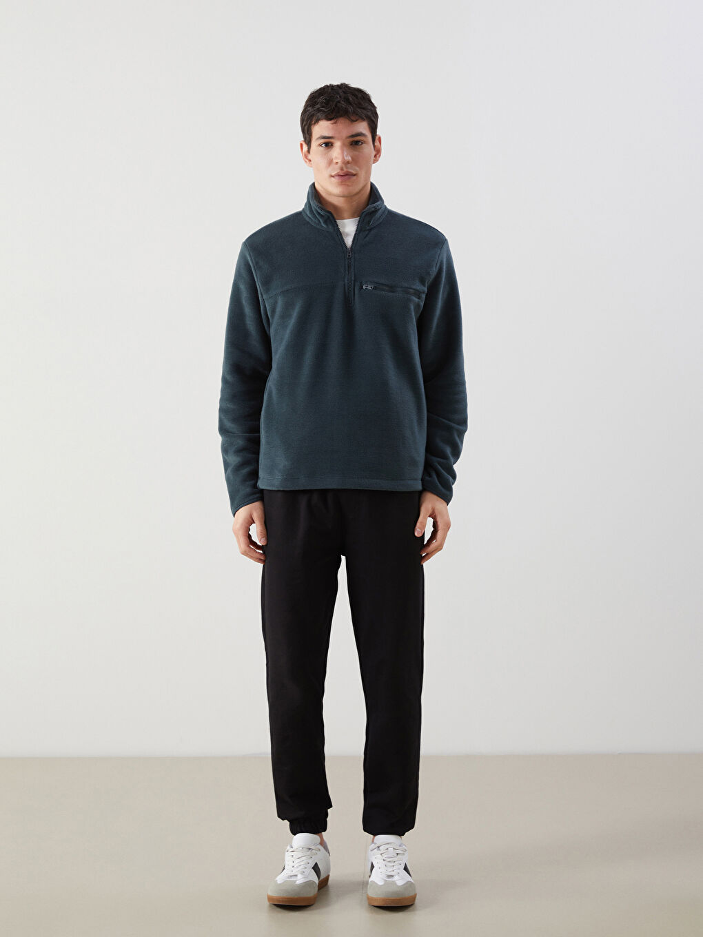 Yeşil Dik Yaka Uzun Kollu Polar Erkek Sweatshirt-1