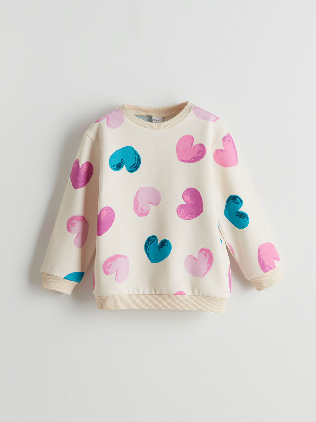 Ekru Bisiklet Yaka Kalp Baskılı Kız Çocuk Sweatshirt