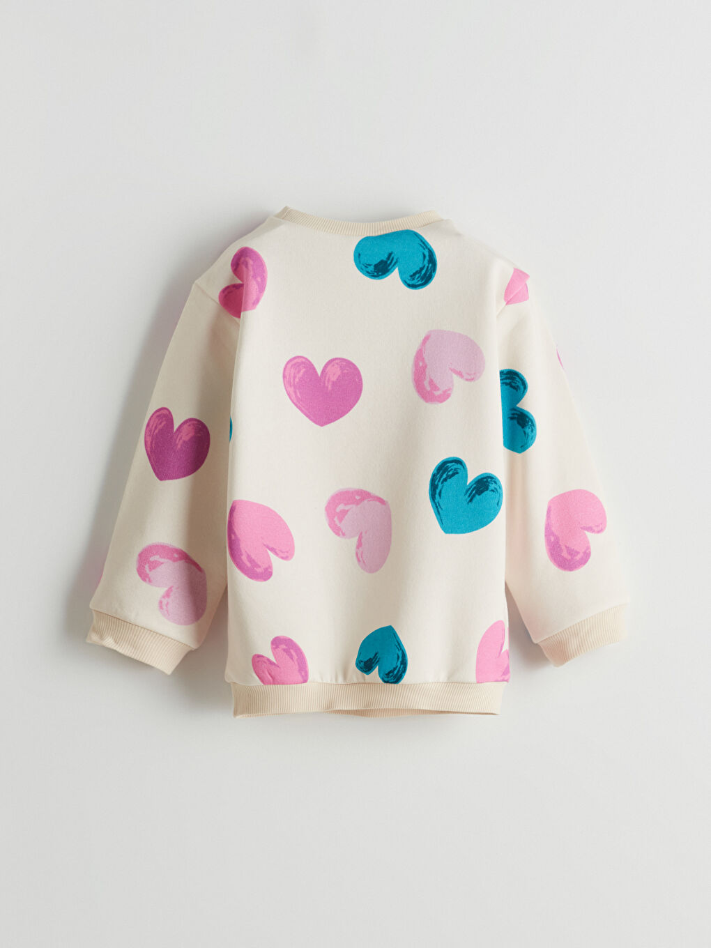 Ekru Bisiklet Yaka Kalp Baskılı Kız Çocuk Sweatshirt-2