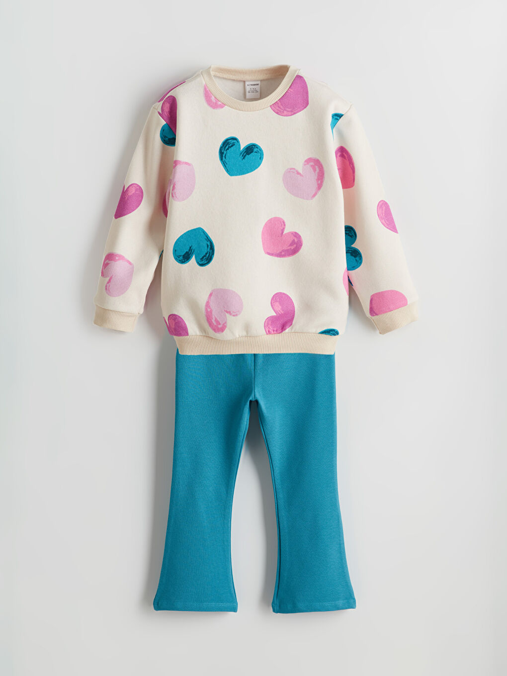 Ekru Bisiklet Yaka Baskılı Kız Çocuk Sweatshirt ve Tayt 2'li