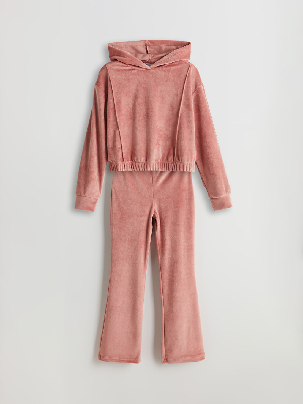 Pembe Kapüşonlu Kadife Kız Çocuk Sweatshirt ve Tayt