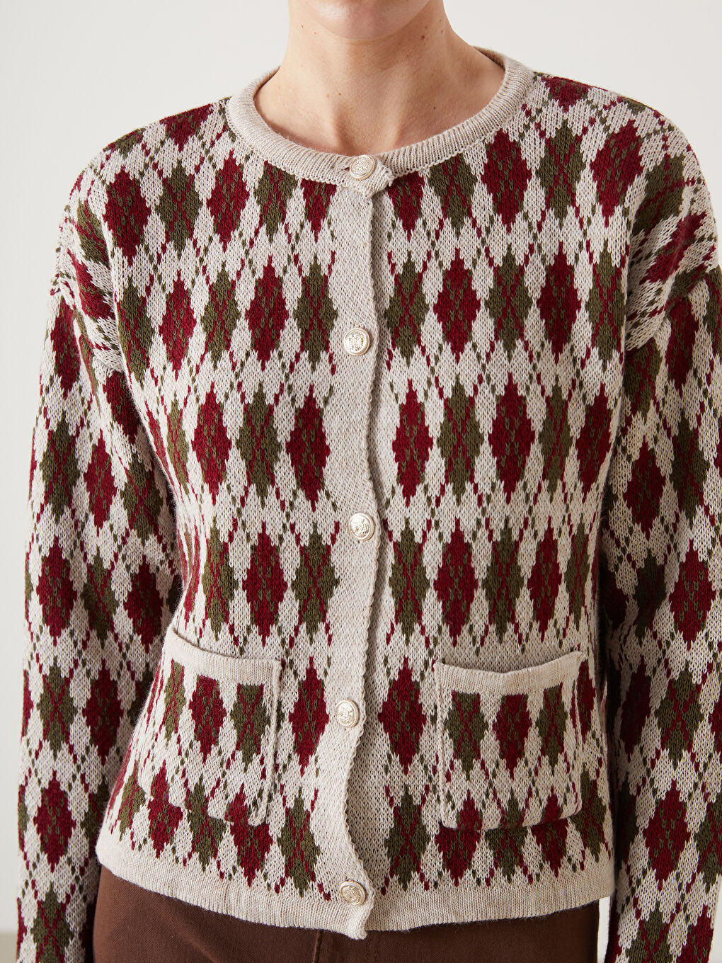 Bej Bisiklet Yaka Baklava Desenli Kadın Triko Hırka-2