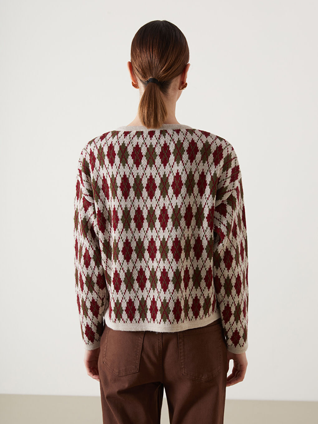 Bej Bisiklet Yaka Baklava Desenli Kadın Triko Hırka-3