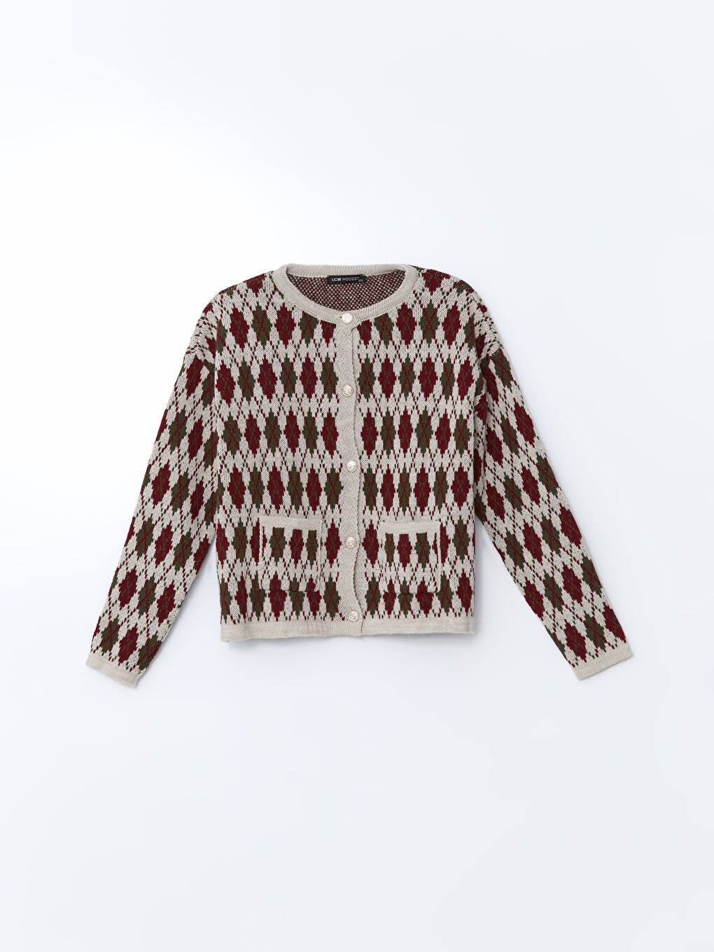 Bej Bisiklet Yaka Baklava Desenli Kadın Triko Hırka-4