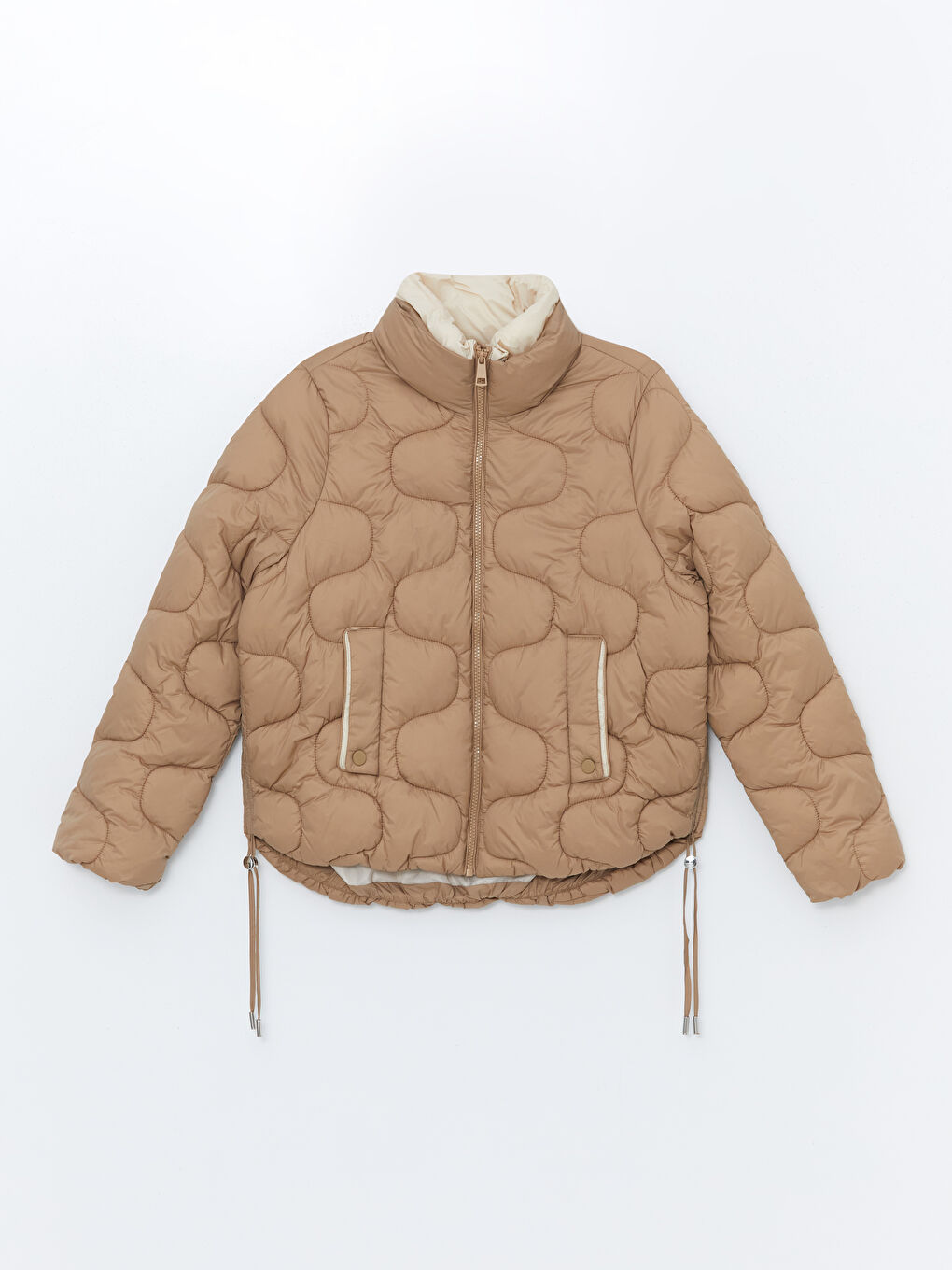 Bej Dik Yaka Kendinden Desenli Kadın Şişme Mont-10