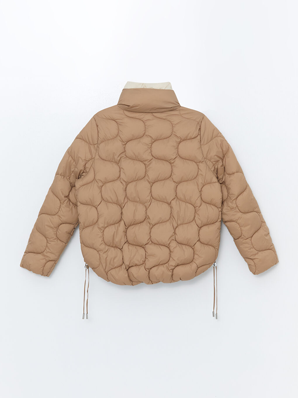 Bej Dik Yaka Kendinden Desenli Kadın Şişme Mont-11