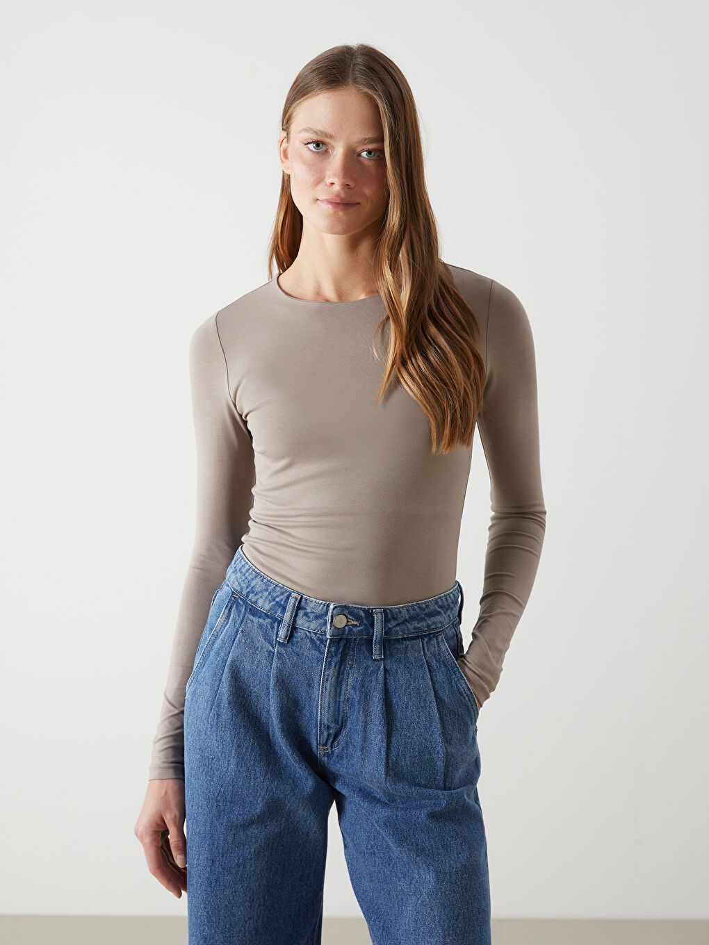 Kahverengi Bisiklet Yaka Düz Uzun Kollu Kadın Body-1