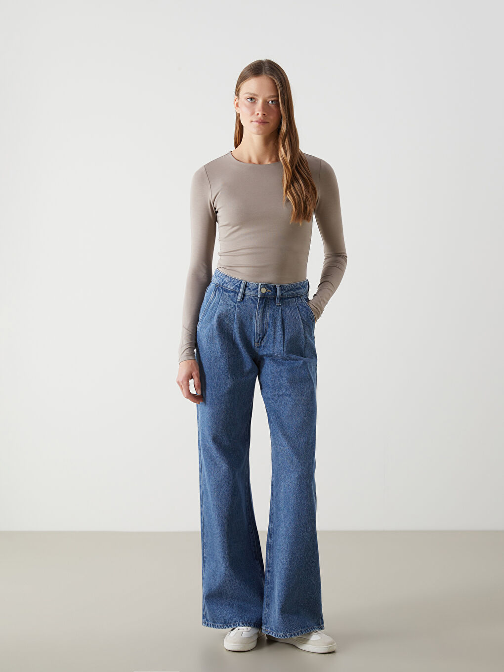 Kahverengi Bisiklet Yaka Düz Uzun Kollu Kadın Body-3