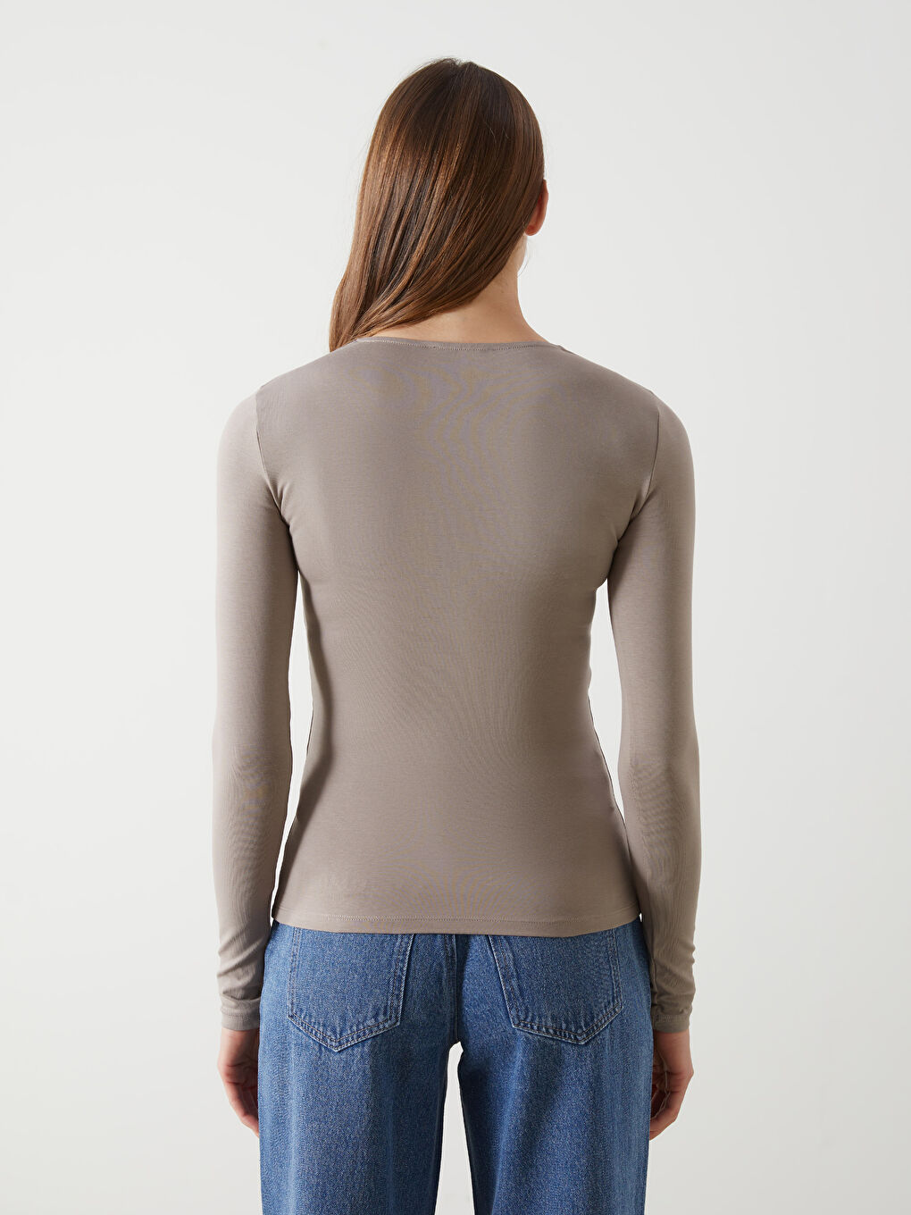 Kahverengi Bisiklet Yaka Düz Uzun Kollu Kadın Body-7