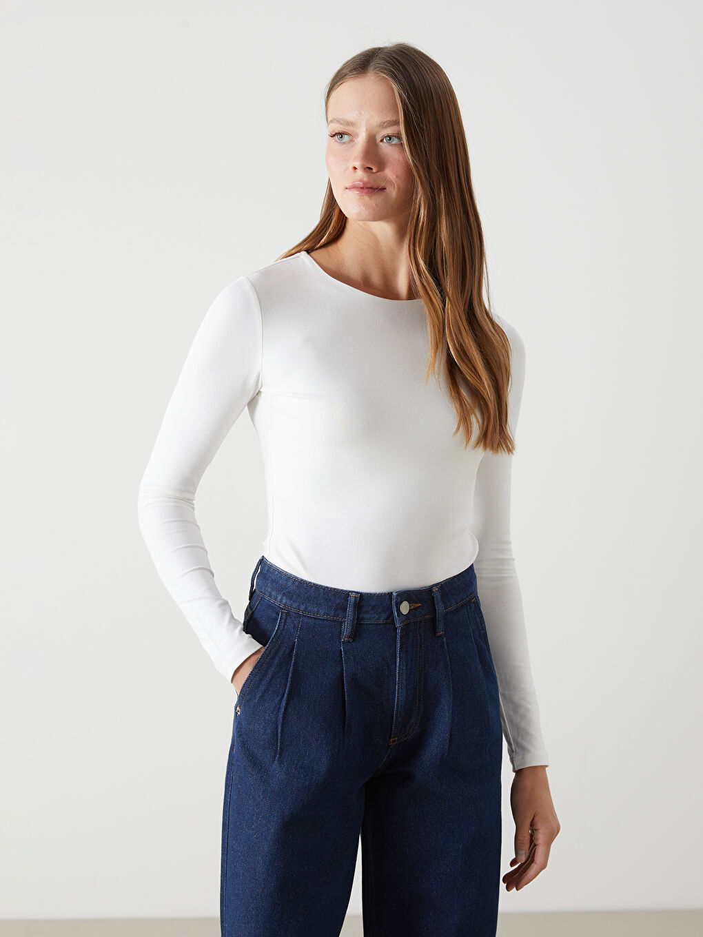 Ekru Bisiklet Yaka Düz Uzun Kollu Kadın Body