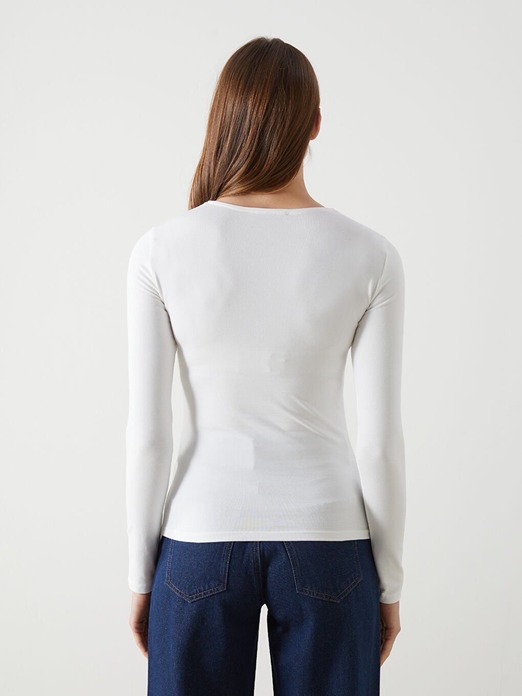 Ekru Bisiklet Yaka Düz Uzun Kollu Kadın Body-3