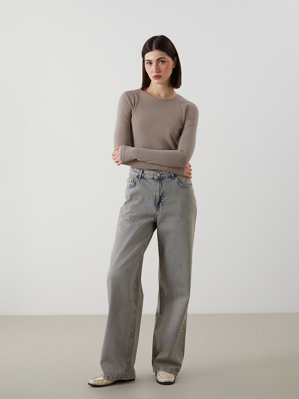 Kahverengi Bisiklet Yaka Düz Uzun Kollu Kadın Body-2