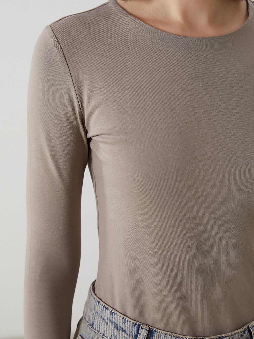 Kahverengi Bisiklet Yaka Düz Uzun Kollu Kadın Body-4