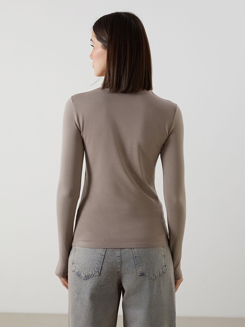 Kahverengi Bisiklet Yaka Düz Uzun Kollu Kadın Body-6