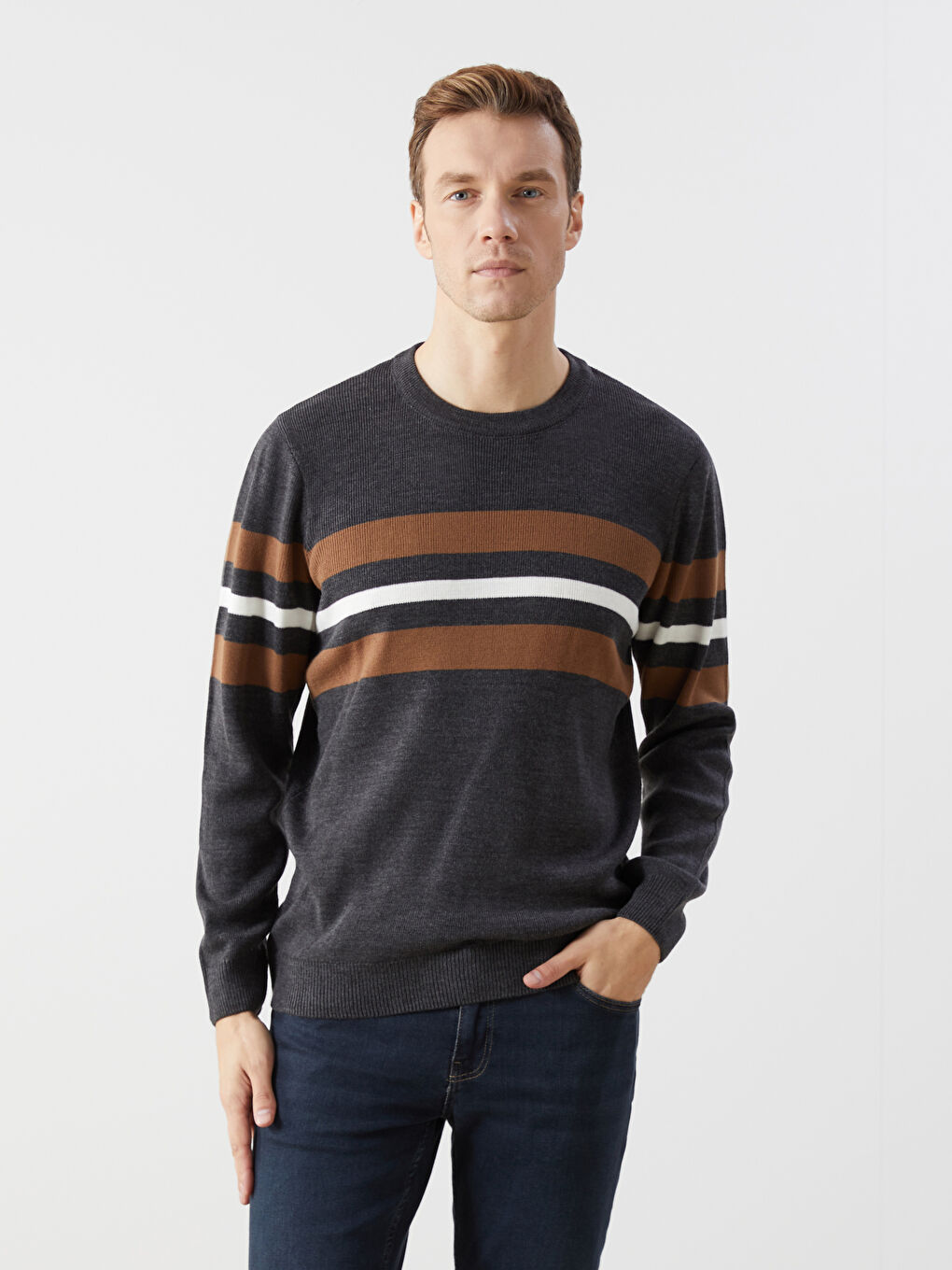 Antrasit Bisiklet Yaka Uzun Kollu Çizgili Erkek Triko Kazak