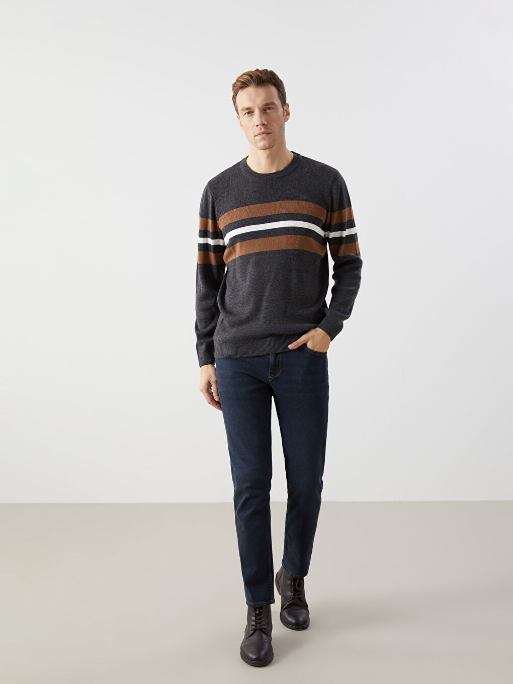 Antrasit Bisiklet Yaka Uzun Kollu Çizgili Erkek Triko Kazak-3