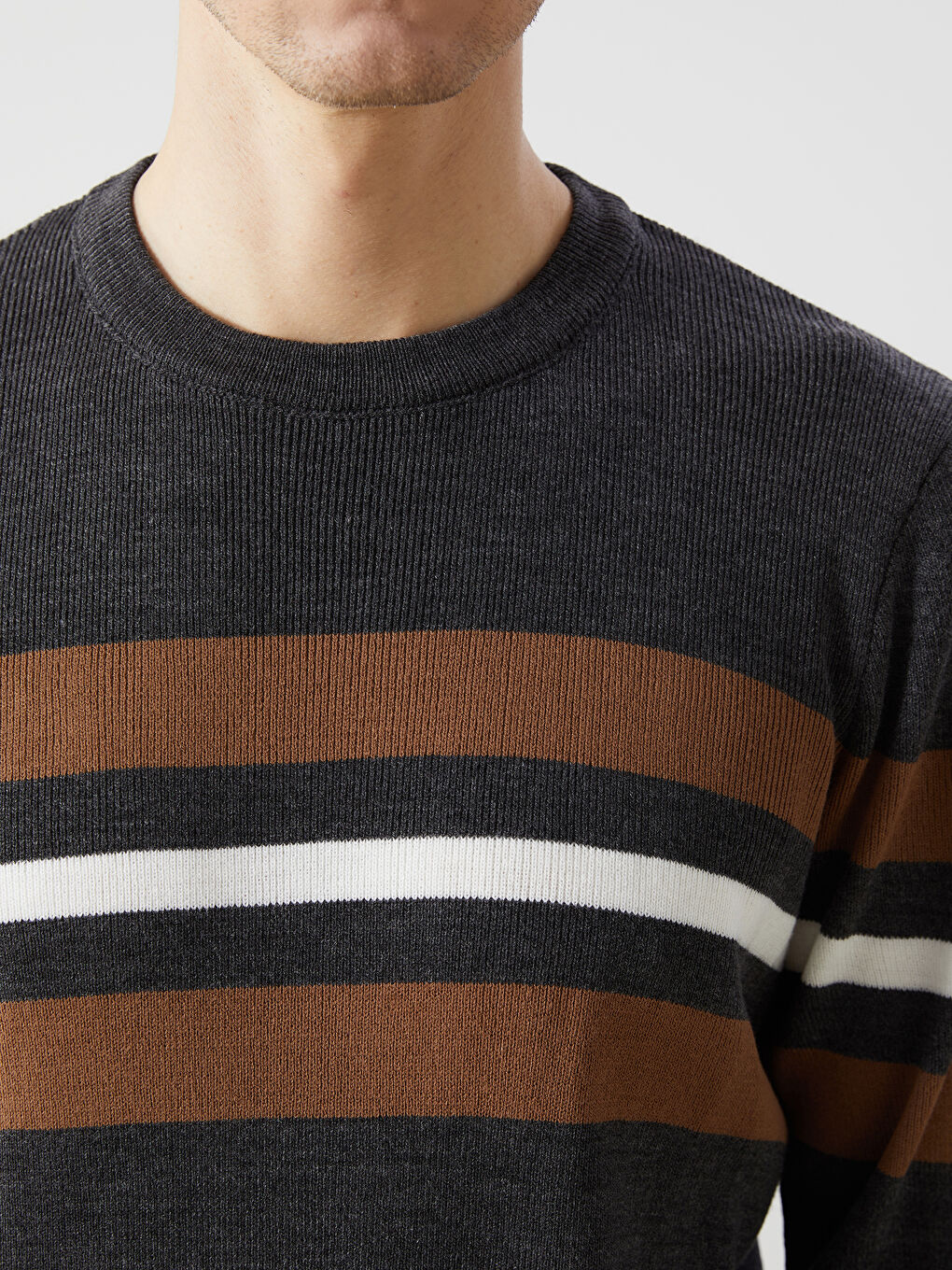 Antrasit Bisiklet Yaka Uzun Kollu Çizgili Erkek Triko Kazak-5