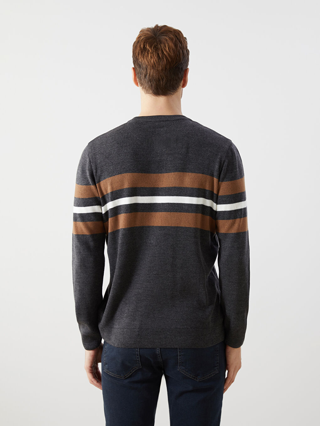 Antrasit Bisiklet Yaka Uzun Kollu Çizgili Erkek Triko Kazak-7