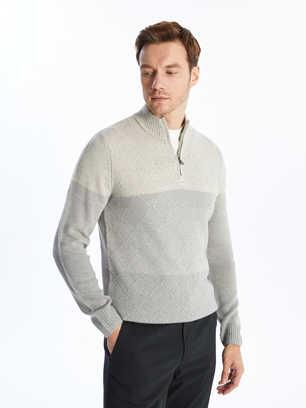 Gri Dik Yaka Uzun Kollu Erkek Triko Kazak-3
