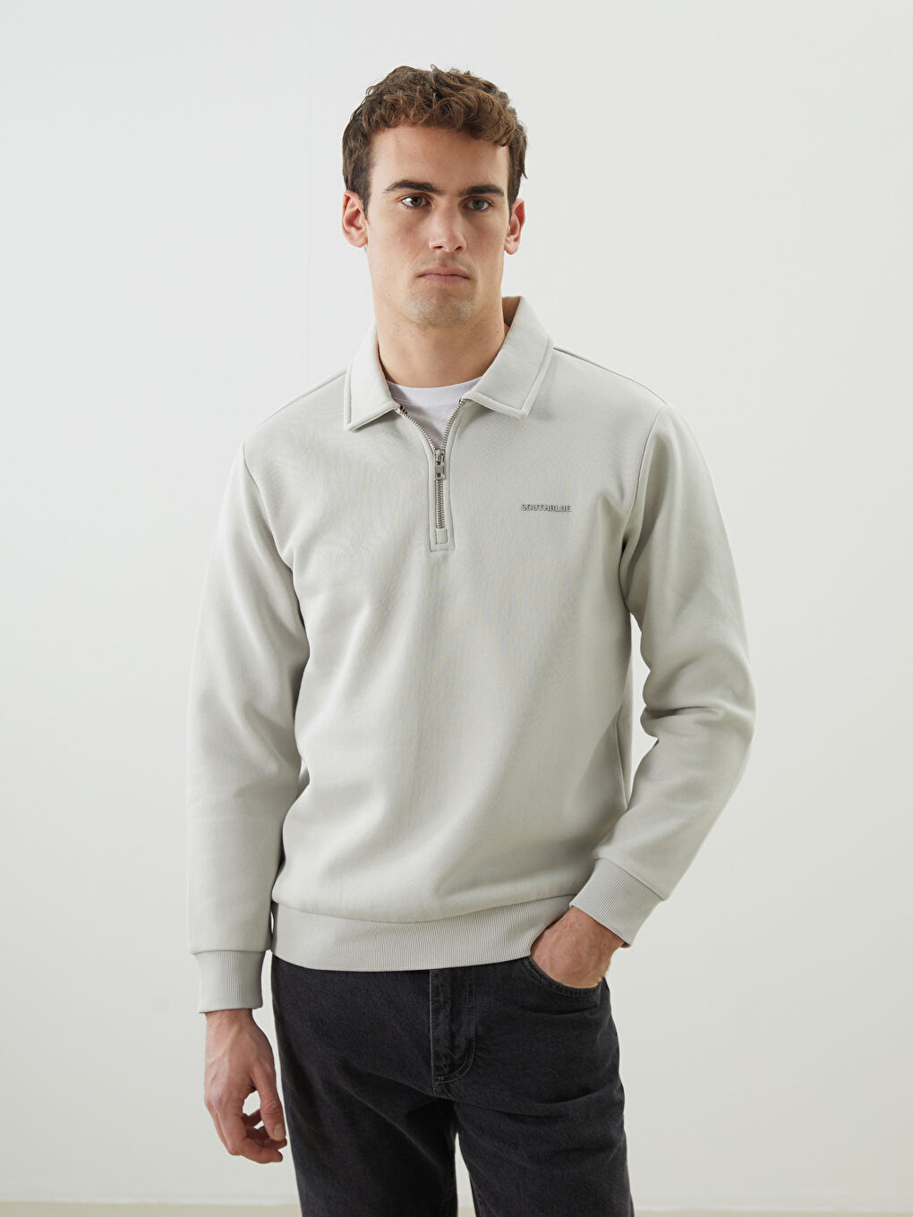 Bej Polo Yaka Uzun Kollu Erkek Sweatshirt