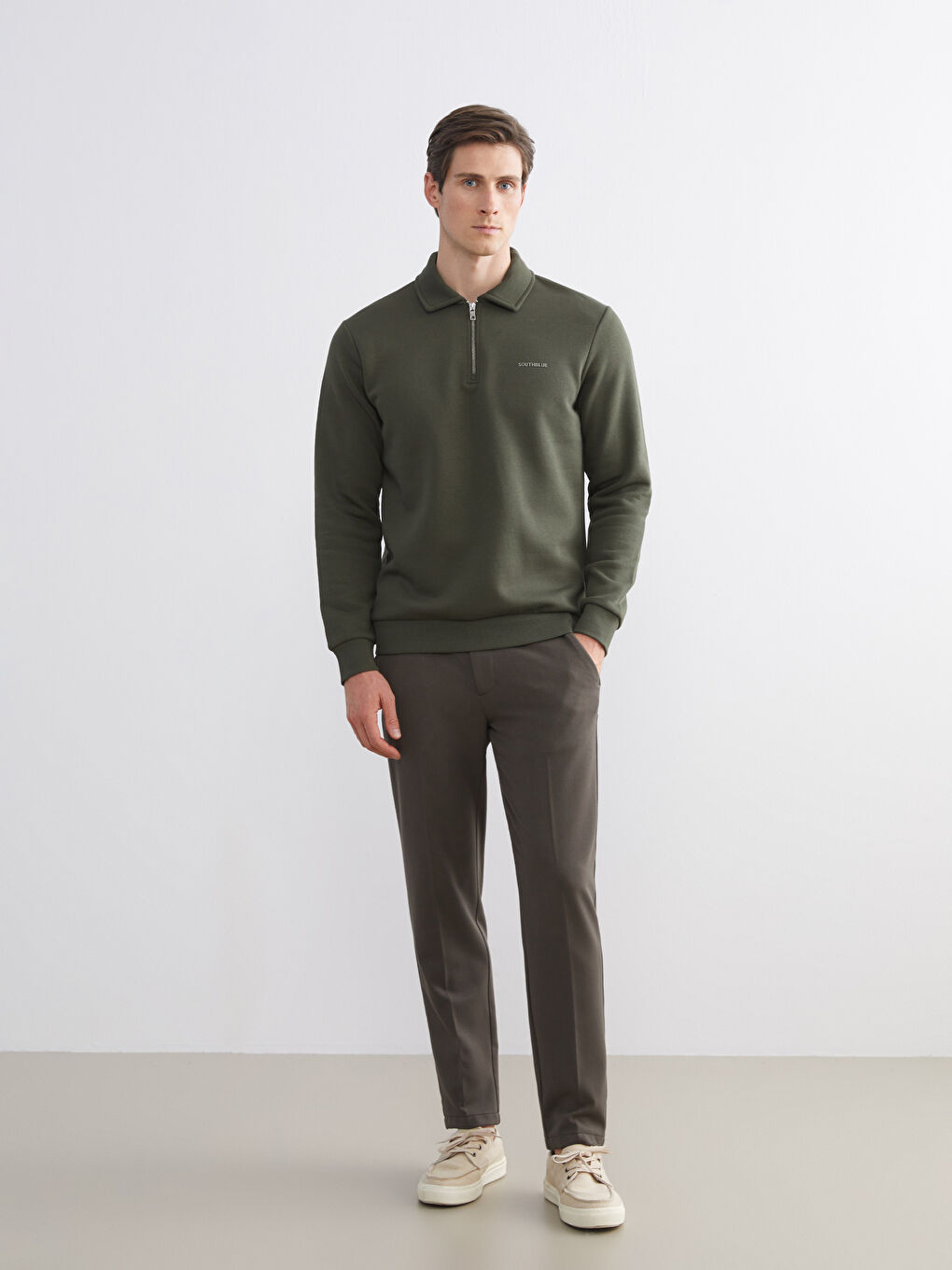 Haki Polo Yaka Uzun Kollu Erkek Sweatshirt-1