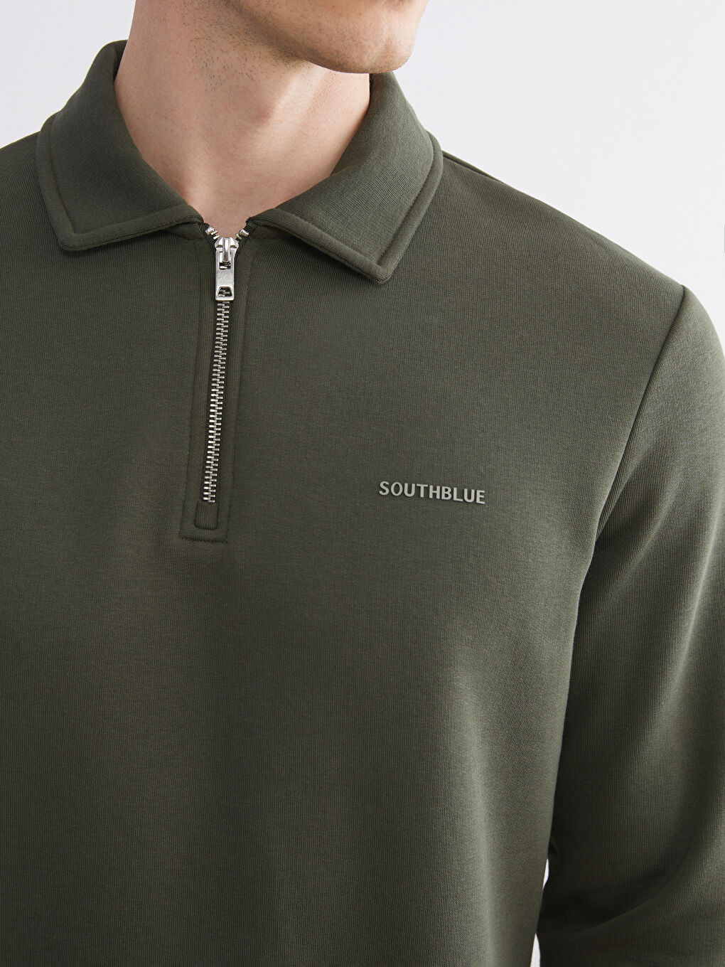 Haki Polo Yaka Uzun Kollu Erkek Sweatshirt-2