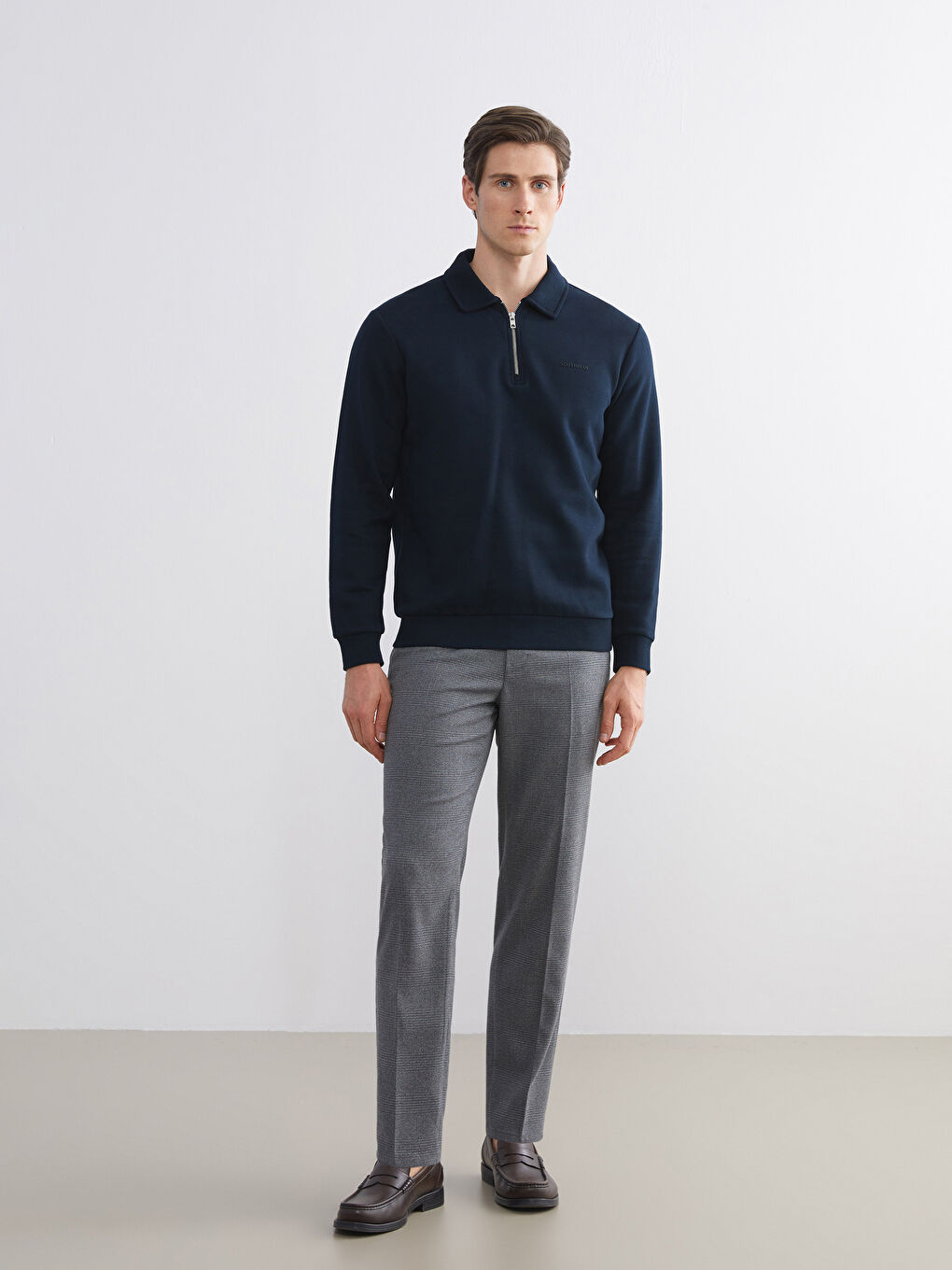 Lacivert Polo Yaka Uzun Kollu Erkek Sweatshirt-1