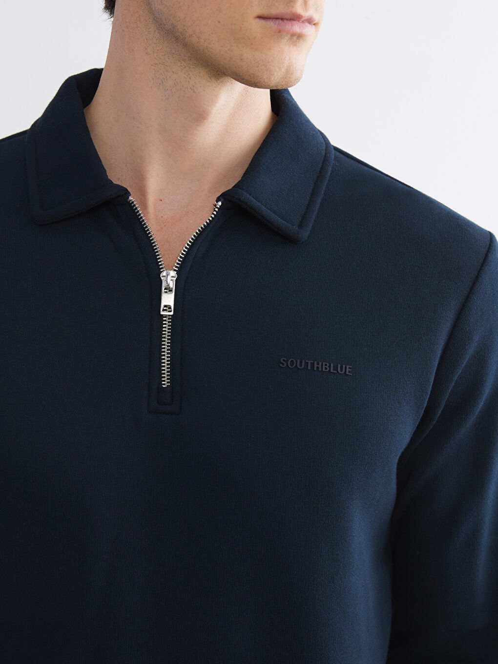 Lacivert Polo Yaka Uzun Kollu Erkek Sweatshirt-2