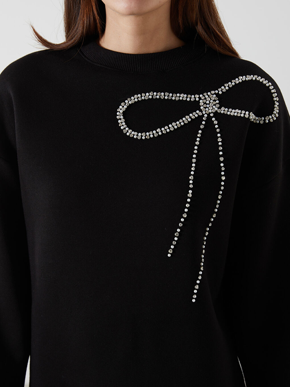 Siyah Bisiklet Yaka Taşlı Kadın Kalın Sweatshirt Tunik-5