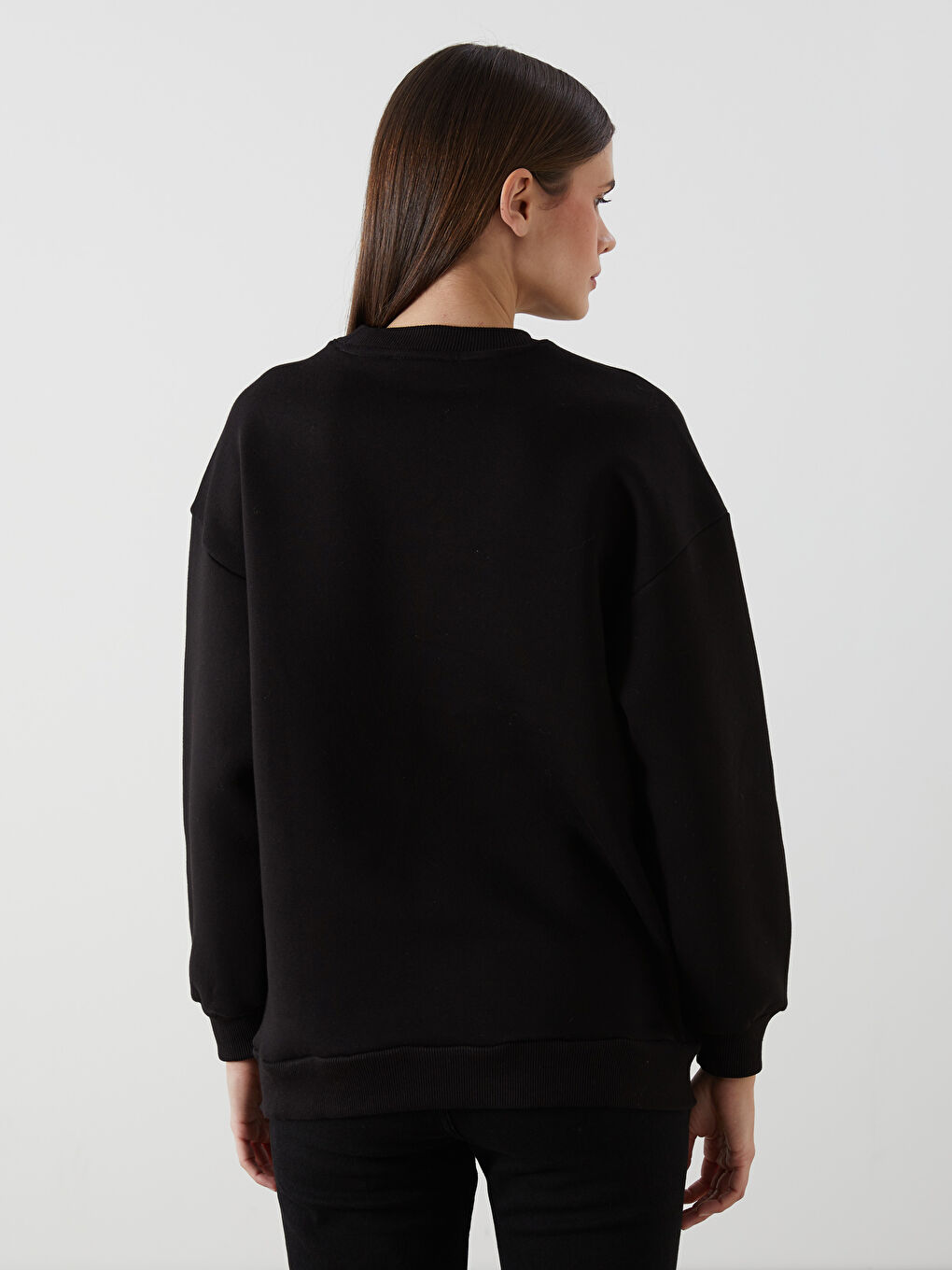 Siyah Bisiklet Yaka Taşlı Kadın Kalın Sweatshirt Tunik-7