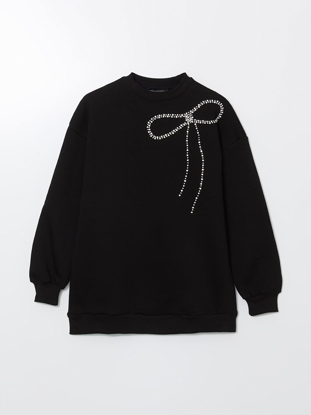 Siyah Bisiklet Yaka Taşlı Kadın Kalın Sweatshirt Tunik-8