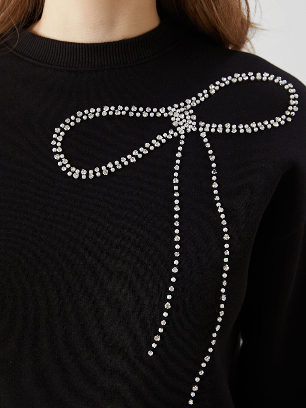 Siyah Bisiklet Yaka Taşlı Kadın Kalın Sweatshirt Tunik-4