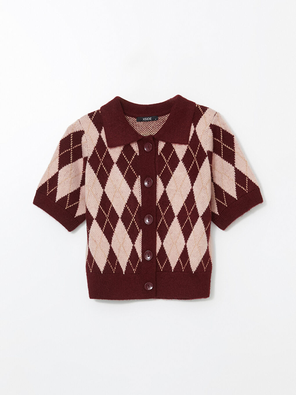 Bordo Polo Yaka Baklava Desenli Kadın Triko Hırka-4