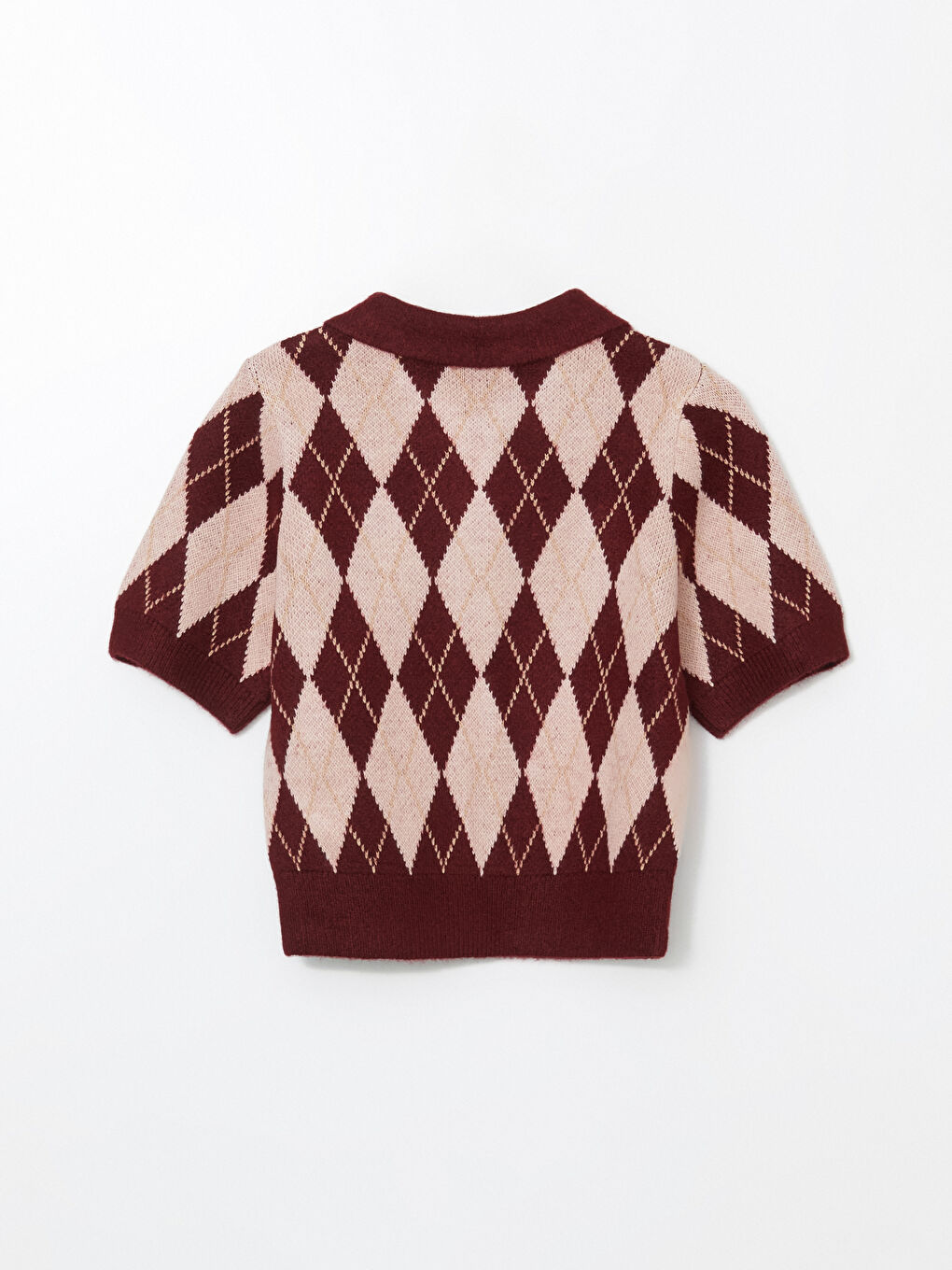 Bordo Polo Yaka Baklava Desenli Kadın Triko Hırka-5