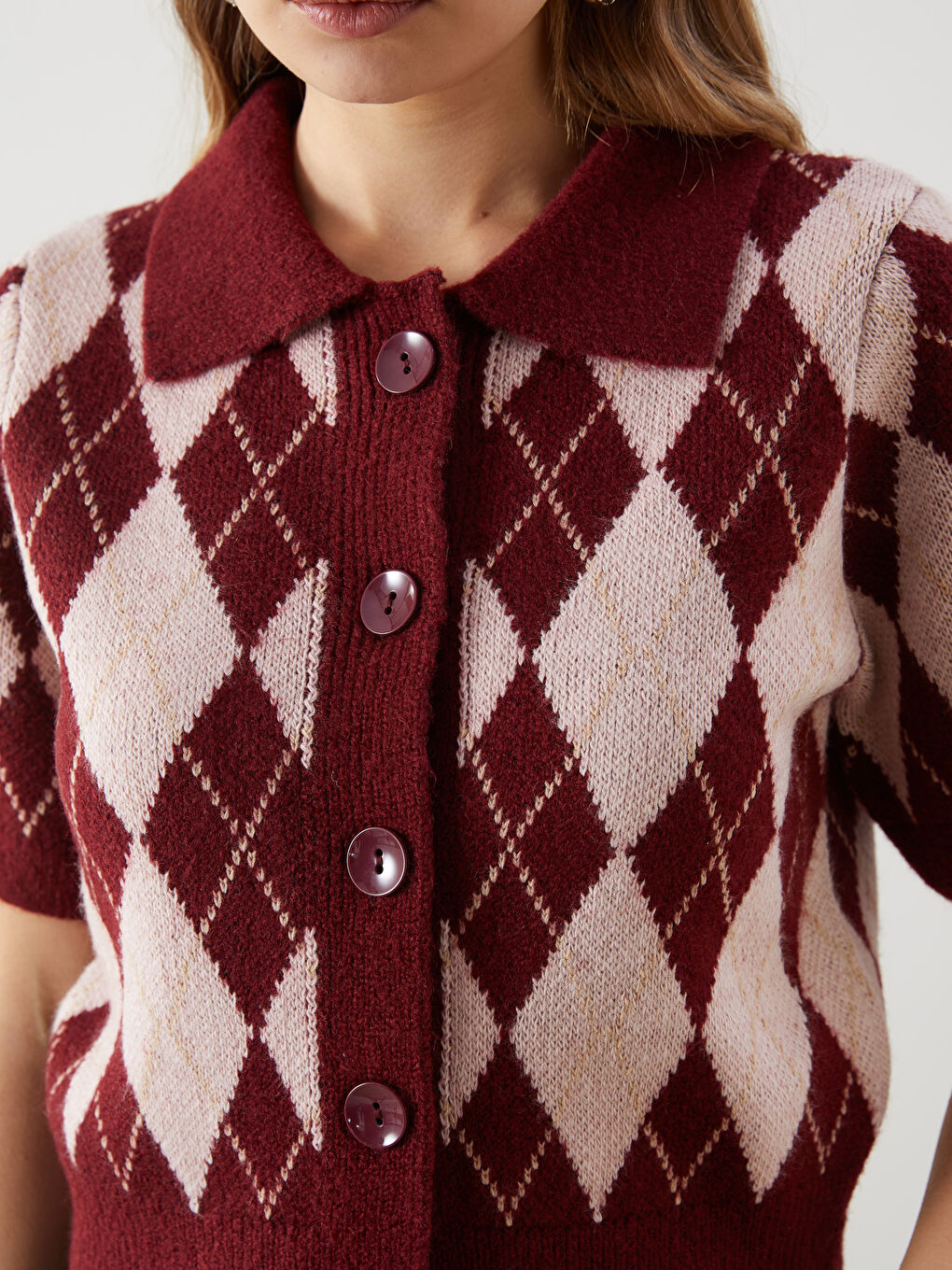 Bordo Polo Yaka Baklava Desenli Kadın Triko Hırka-2