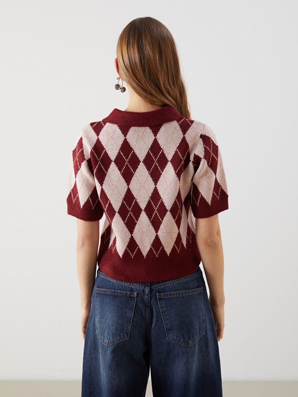 Bordo Polo Yaka Baklava Desenli Kadın Triko Hırka-3