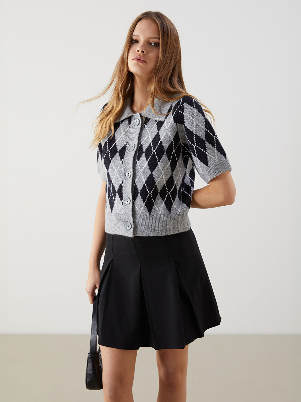 Polo Neck Argyle Pattern Women's Knitwear Cardigan -W4M977Z8-ZFW