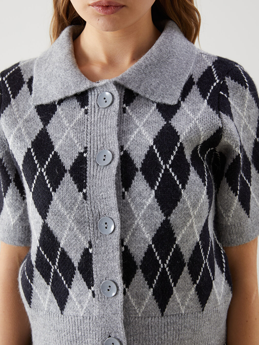 Polo Neck Argyle Pattern Women's Knitwear Cardigan -W4M977Z8-ZFW