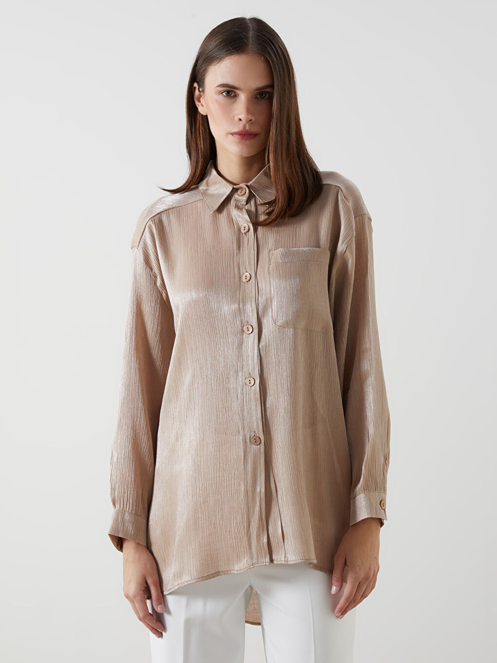 Bej Parlak Görünümlü Oversize Kadın Gömlek Tunik-1