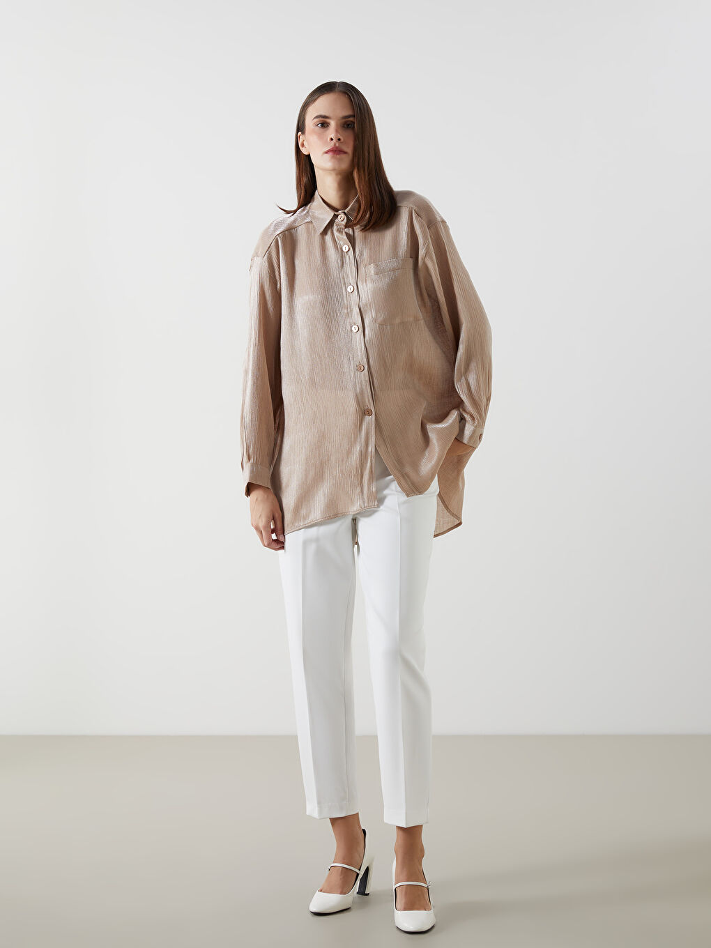 Bej Parlak Görünümlü Oversize Kadın Gömlek Tunik-3