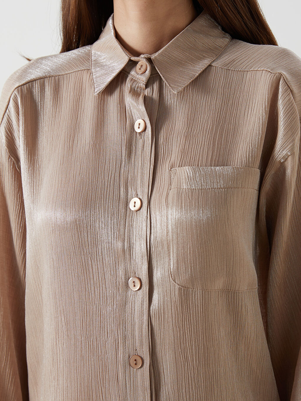 Bej Parlak Görünümlü Oversize Kadın Gömlek Tunik-5