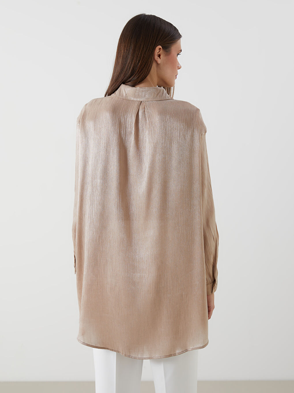 Bej Parlak Görünümlü Oversize Kadın Gömlek Tunik-7