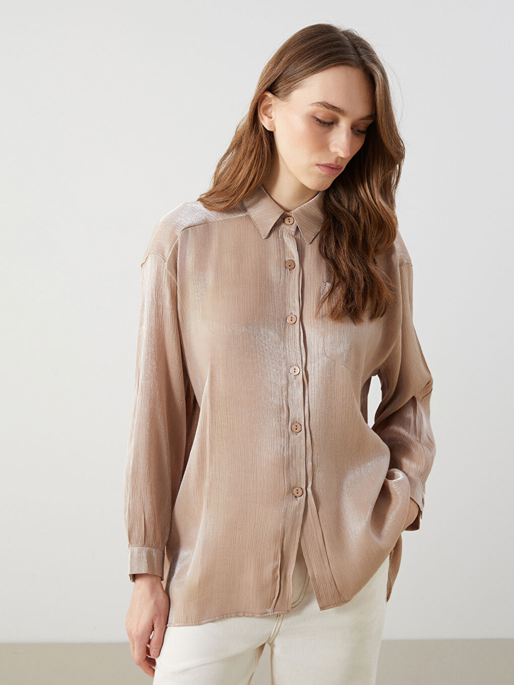 Bej Parlak Görünümlü Oversize Kadın Gömlek Tunik