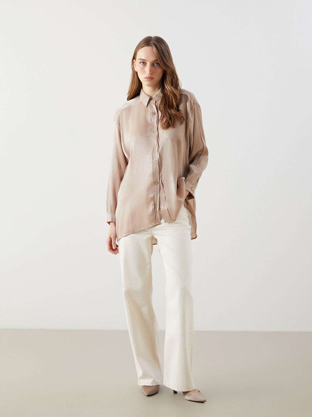 Bej Parlak Görünümlü Oversize Kadın Gömlek Tunik-2