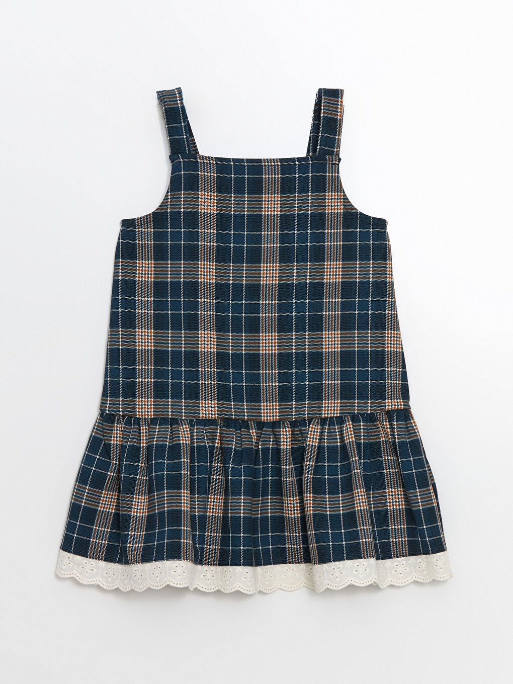 Yeşil Kare Yaka Ekose Desenli Kız Çocuk Elbise